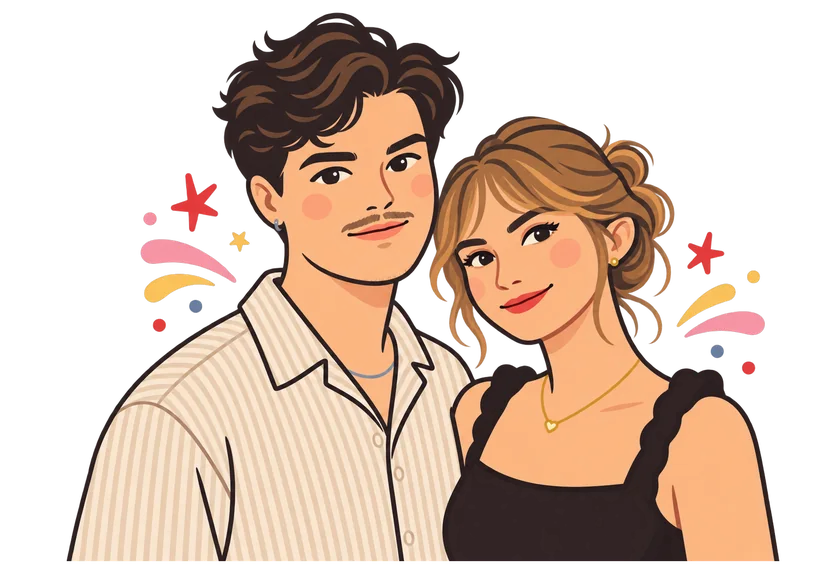 Illustrated portrait of the couple behind Kaye's Events Co.